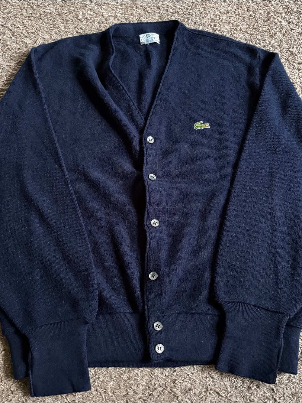 VTG Izod Lacoste Cardigan Mens L Sweater Navy Blue Croc V-Neck Button Orlon USA